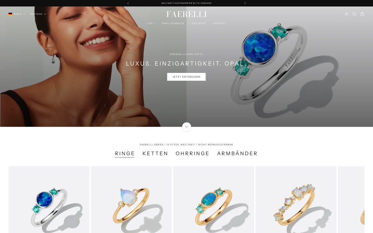 Faerelli, Startseite mit dem Schriftzug Luxus, Einzigartigkeit, Opal