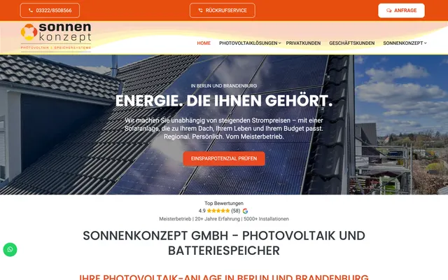 Startseite eines Photovoltaik-Meisterbetriebs
